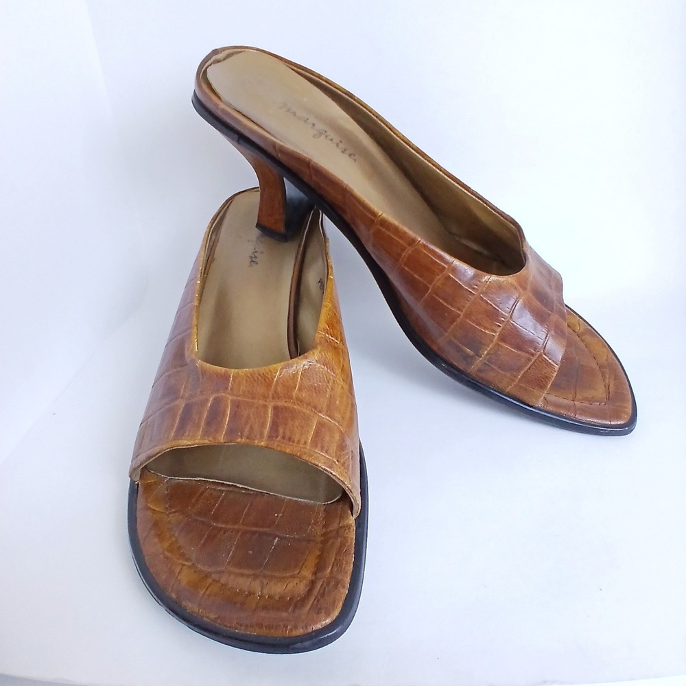 Marquise Pepper Women 8.5B Brown Croc Embossed Leather Mule Heels 90s Minimalist